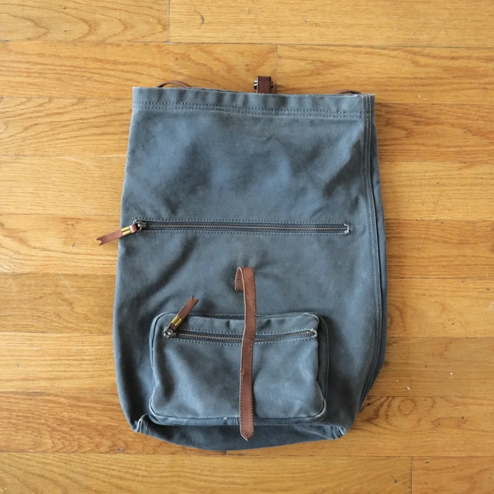 Madewell The Canvas Foldover Backpack Gray Leather Trim Army Surplus Style OS